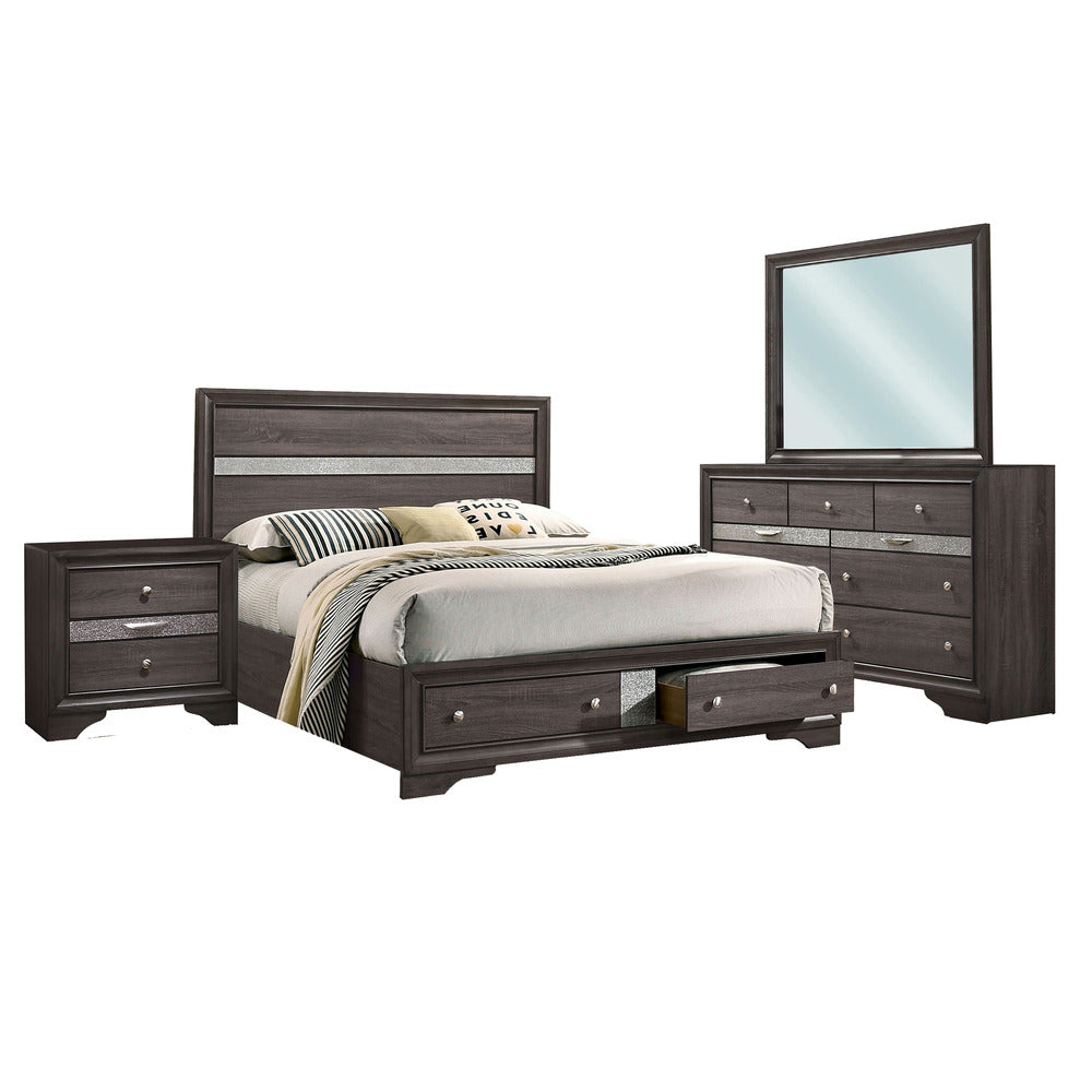 Po Four Piece Queen Size Silver Accented Solid Wood Bedroom Set, Gray, Brown - BM329294