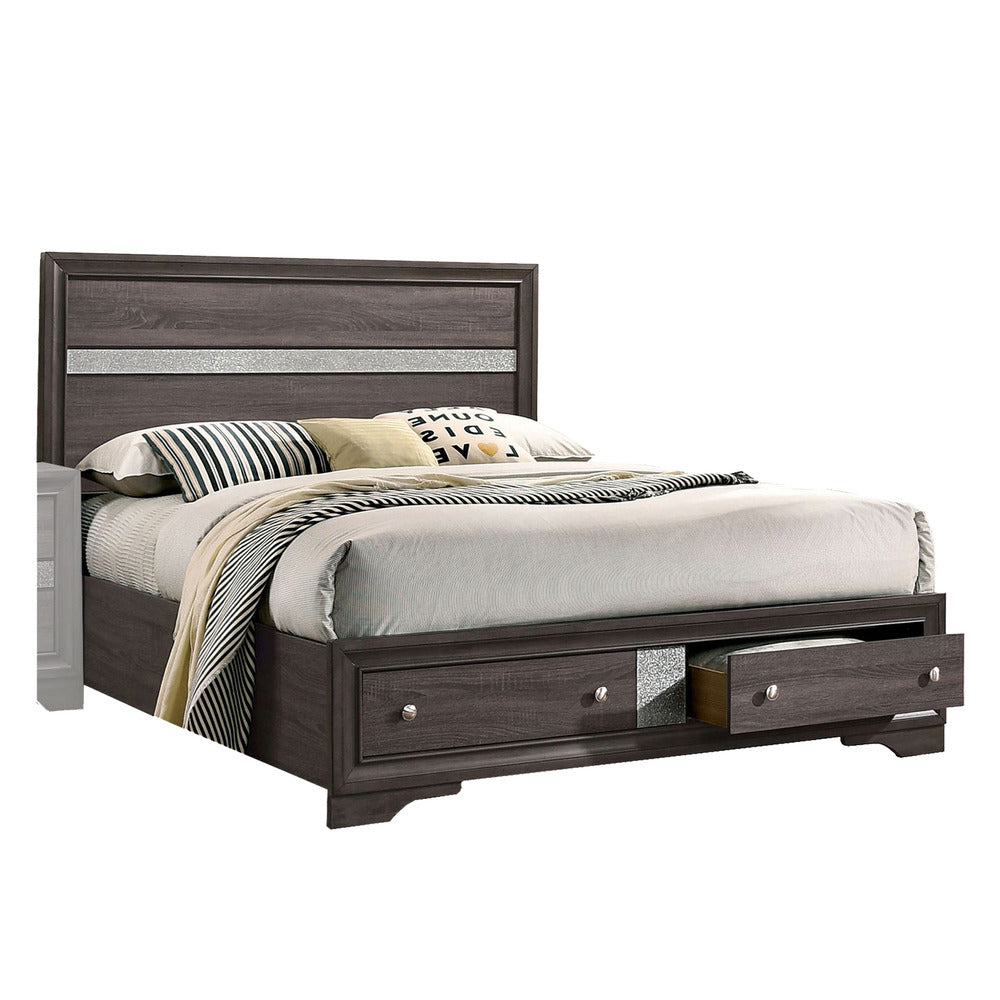 Po Four Piece Queen Size Silver Accented Solid Wood Bedroom Set, Gray, Brown - BM329294