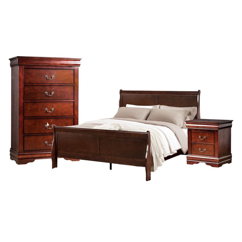 Poy Three Piece Full Size Bedroom Set, Metal Hanging Pulls, Cherry Brown Wood - BM329304