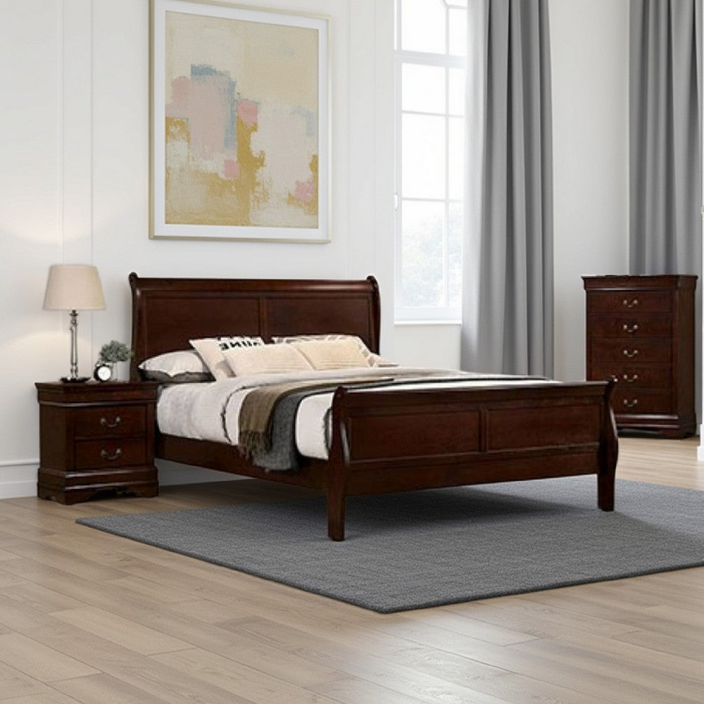 Poy Three Piece Full Size Bedroom Set, Metal Hanging Pulls, Cherry Brown Wood - BM329304