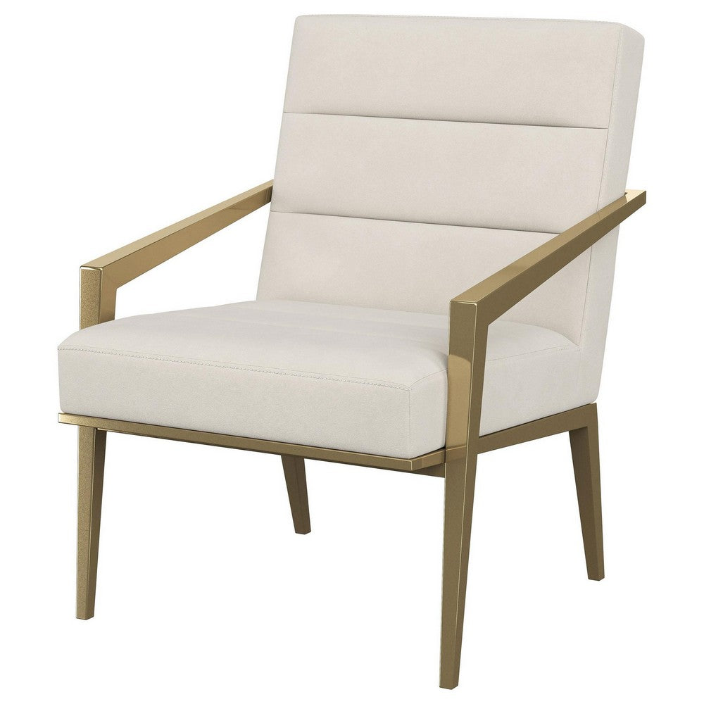 Kiara Accent Chair, Channel Tufted Cream Fabric, Gold Metal Frame -BM329624