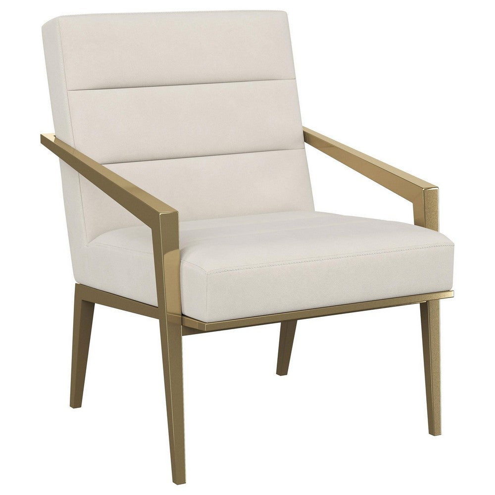 Kiara Accent Chair, Channel Tufted Cream Fabric, Gold Metal Frame -BM329624