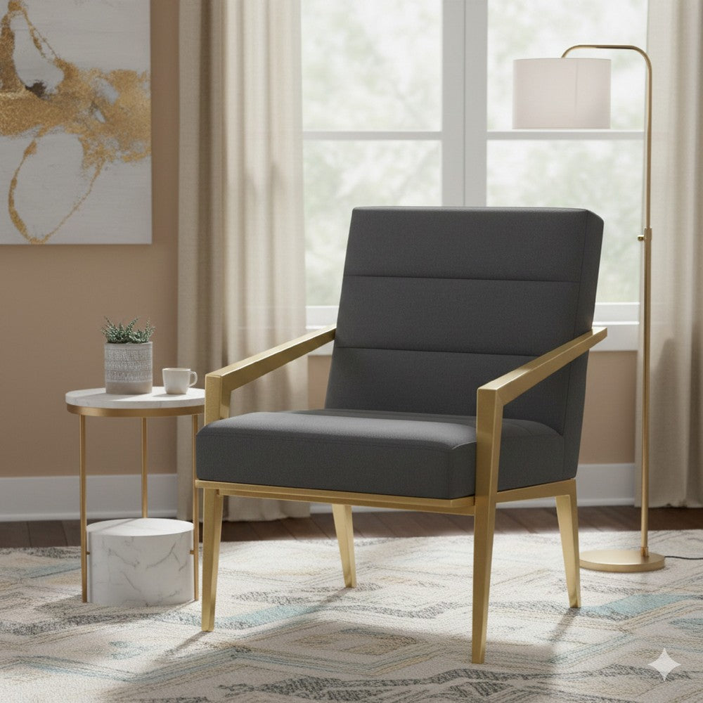 Kiara Accent Chair, Channel Tufted Dark Gray Fabric, Gold Metal Frame -BM329625