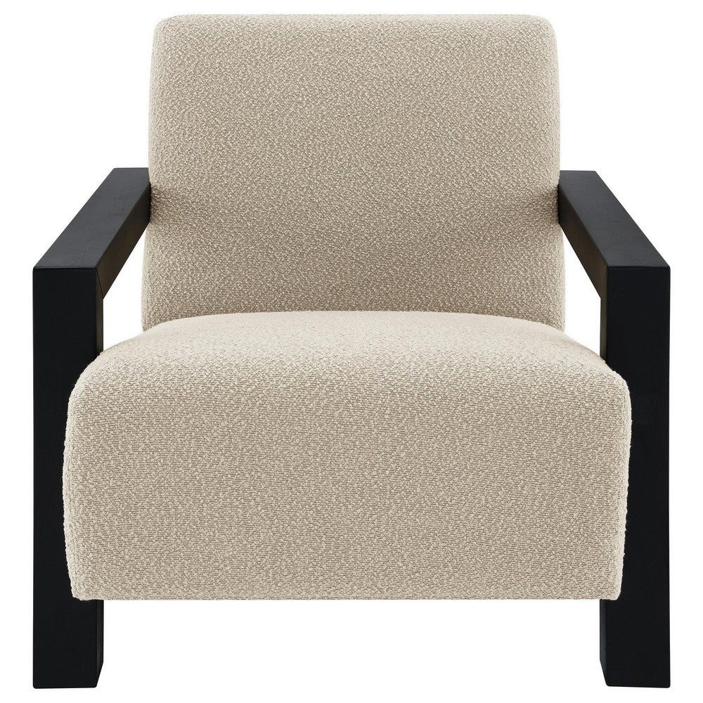 Fitz Accent Chair, Soft Latte Beige Boucle Cushions, Black Wood Arms -BM329637