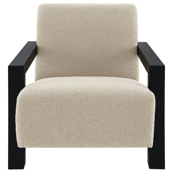 Fitz Accent Chair, Soft Latte Beige Boucle Cushions, Black Wood Arms -BM329637