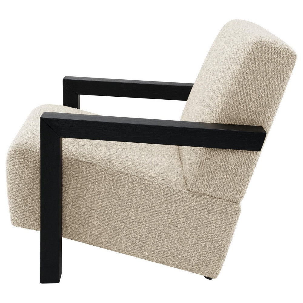 Fitz Accent Chair, Soft Latte Beige Boucle Cushions, Black Wood Arms -BM329637