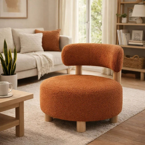 Zona Accent Chair, Barrel Back, Orange Boucle Fabric and Brown Wood -BM329638