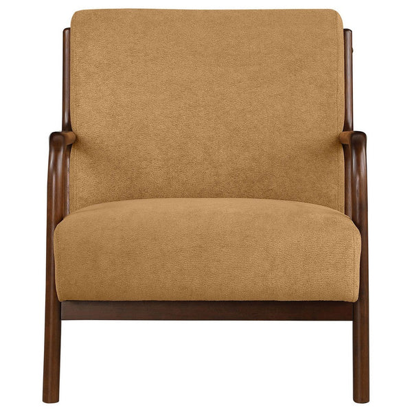 Arril Accent Chair, Soft Honey Orange Fabric Cushions, Dark Brown Wood -BM329642