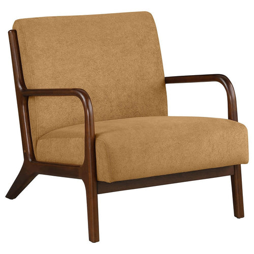 Arril Accent Chair, Soft Honey Orange Fabric Cushions, Dark Brown Wood -BM329642