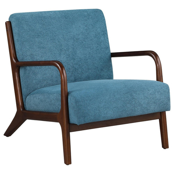 Arril Accent Chair, Soft Peacock Blue Cushions, Dark Brown Wood Frame -BM329643
