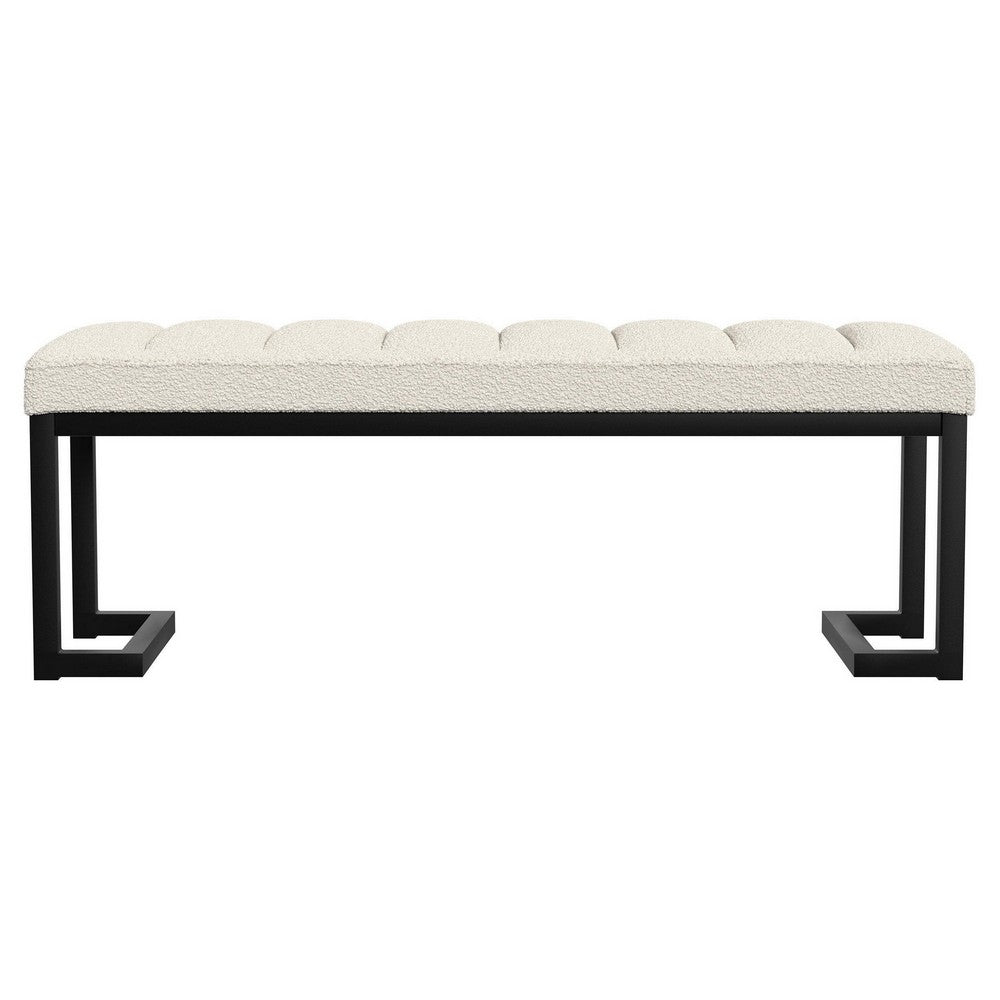 Mezza Accent Bench, Tufted Ivory Boucle Fabric, Black Metal, 48 Inch -BM329658