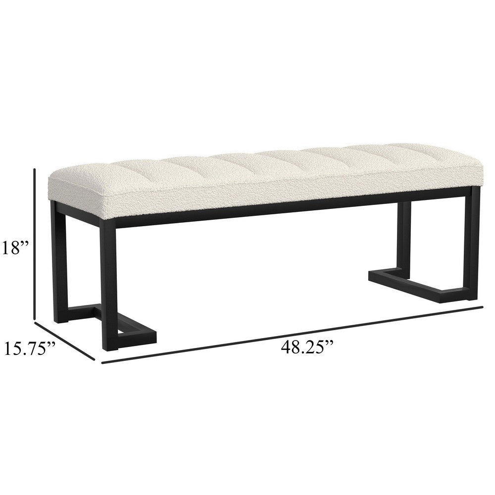 Mezza Accent Bench, Tufted Ivory Boucle Fabric, Black Metal, 48 Inch -BM329658