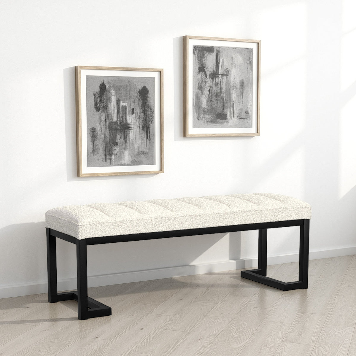 Mezza Accent Bench, Tufted Ivory Boucle Fabric, Black Metal, 48 Inch -BM329658