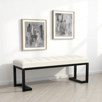 Mezza Accent Bench, Tufted Ivory Boucle Fabric, Black Metal, 48 Inch -BM329658
