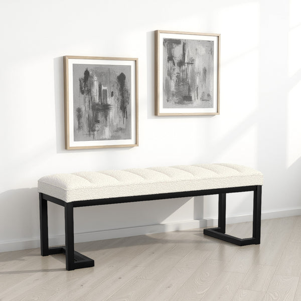 Mezza Accent Bench, Tufted Ivory Boucle Fabric, Black Metal, 48 Inch -BM329658