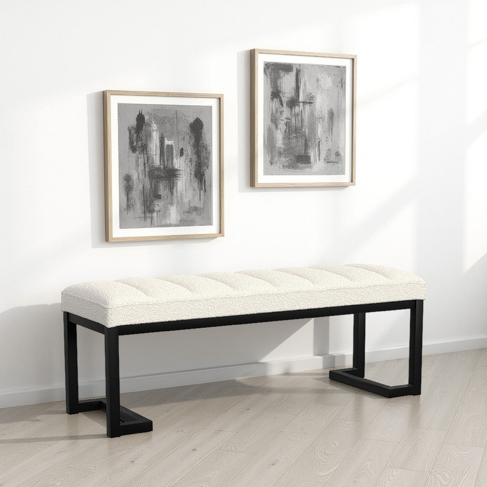 Mezza Accent Bench, Tufted Ivory Boucle Fabric, Black Metal, 48 Inch -BM329658