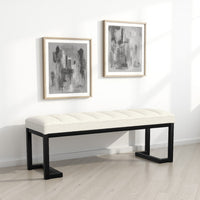 Mezza Accent Bench, Tufted Ivory Boucle Fabric, Black Metal, 48 Inch -BM329658