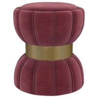 Soraya Ottoman, Tufted Red Wine Fabric, Round 17 Inch, Gold Metal Band -BM329661