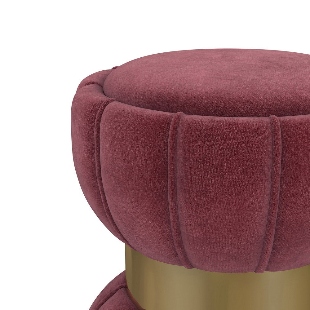 Soraya Ottoman, Tufted Red Wine Fabric, Round 17 Inch, Gold Metal Band -BM329661