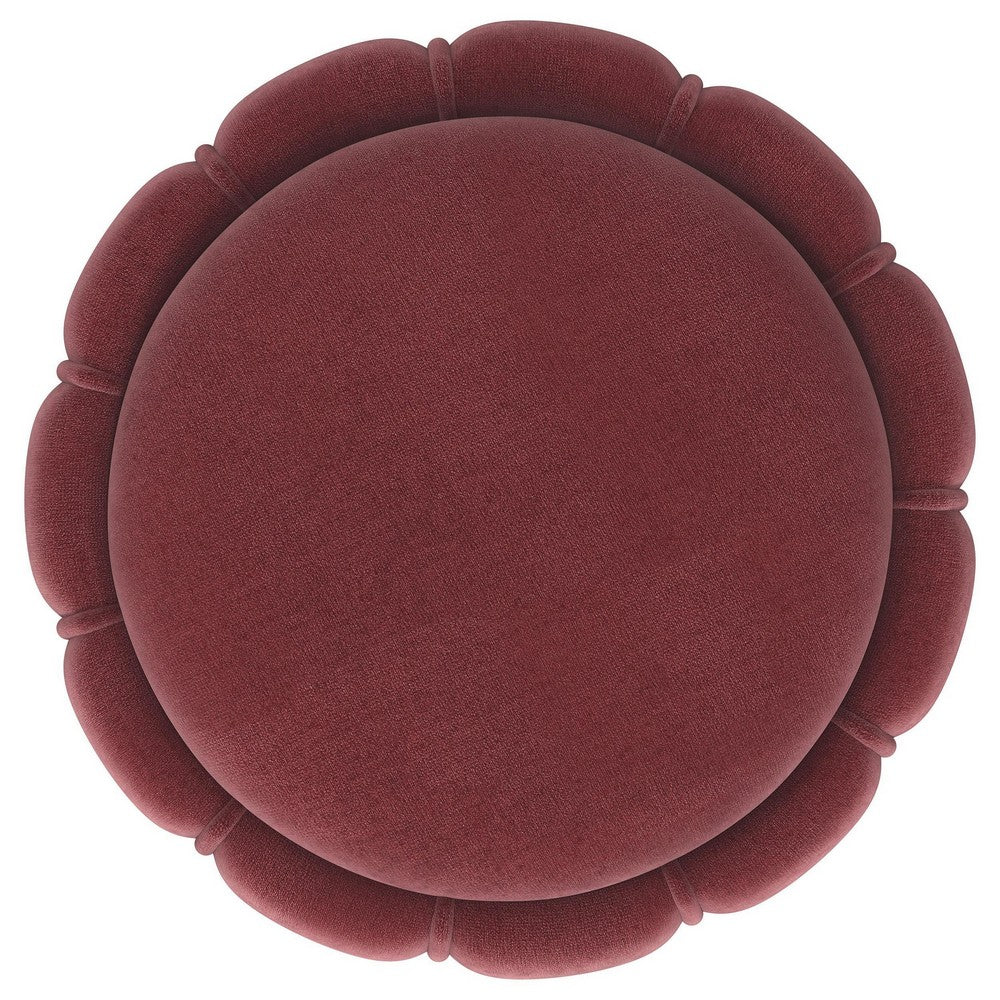 Soraya Ottoman, Tufted Red Wine Fabric, Round 17 Inch, Gold Metal Band -BM329661