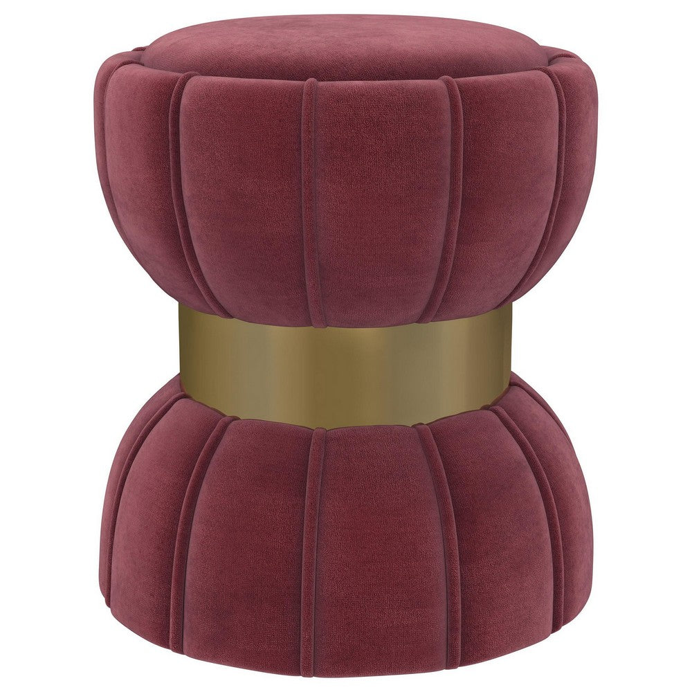 Soraya Ottoman, Tufted Red Wine Fabric, Round 17 Inch, Gold Metal Band -BM329661