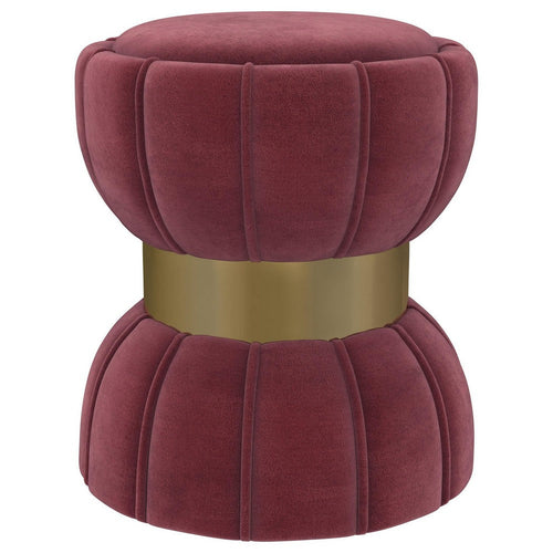 Soraya Ottoman, Tufted Red Wine Fabric, Round 17 Inch, Gold Metal Band -BM329661