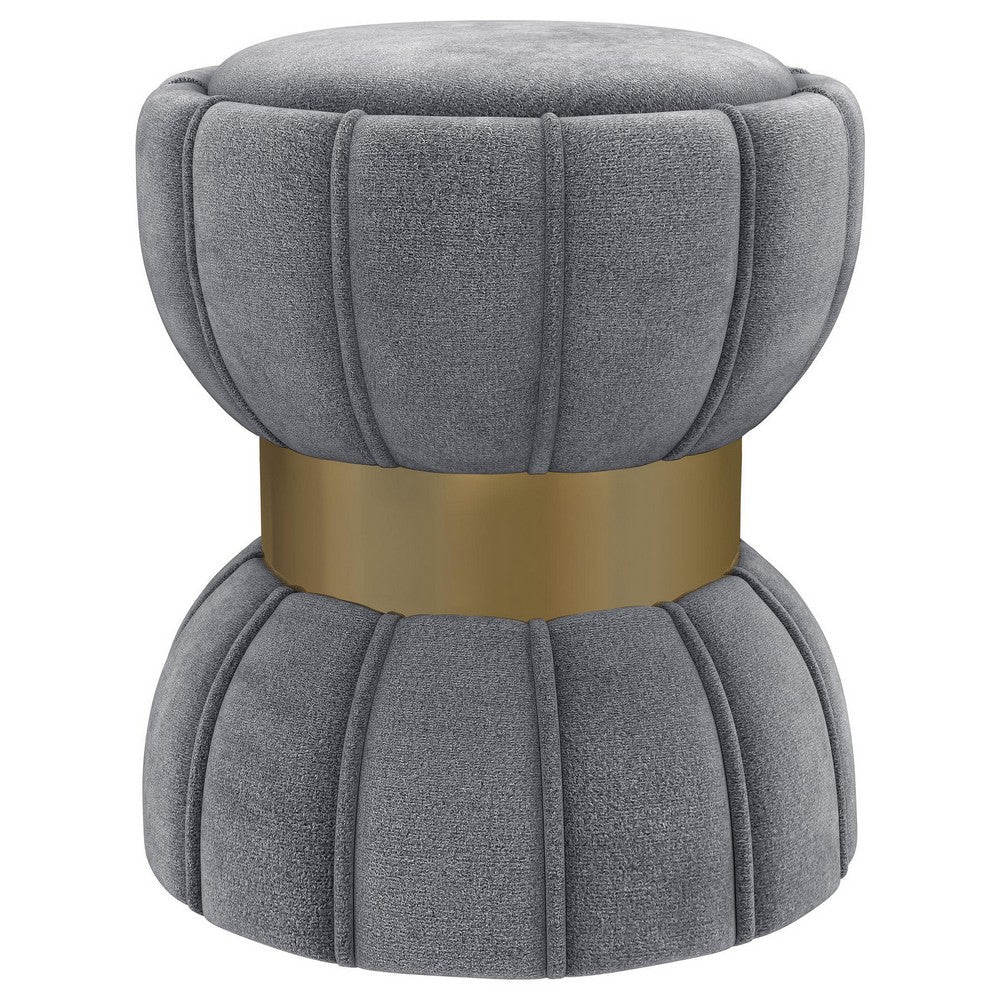 Soraya Ottoman, Tufted Gray Fabric, Round 17 Inch, Gold Metal Band -BM329662