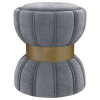 Soraya Ottoman, Tufted Gray Fabric, Round 17 Inch, Gold Metal Band -BM329662