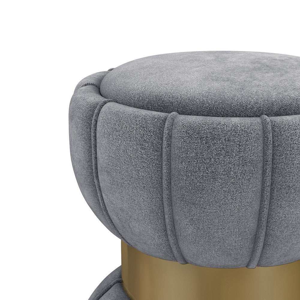Soraya Ottoman, Tufted Gray Fabric, Round 17 Inch, Gold Metal Band -BM329662