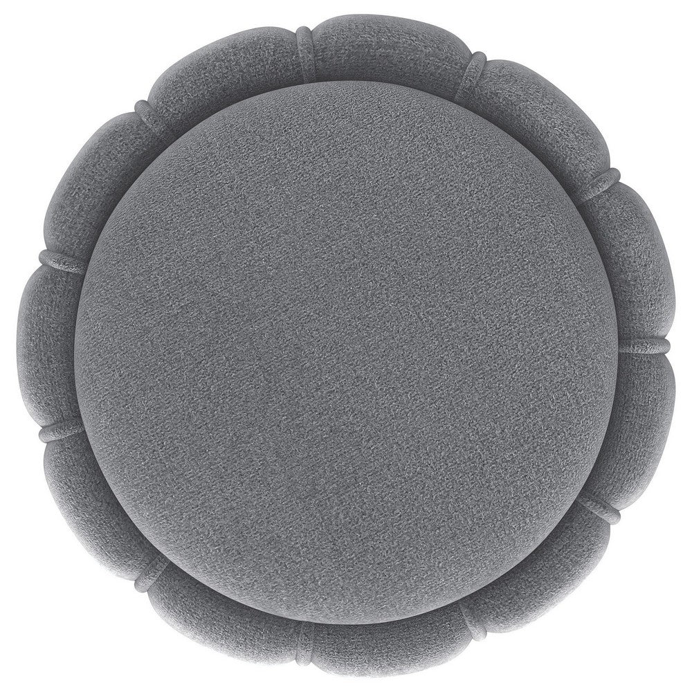 Soraya Ottoman, Tufted Gray Fabric, Round 17 Inch, Gold Metal Band -BM329662