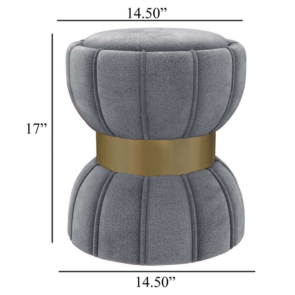Soraya Ottoman, Tufted Gray Fabric, Round 17 Inch, Gold Metal Band -BM329662