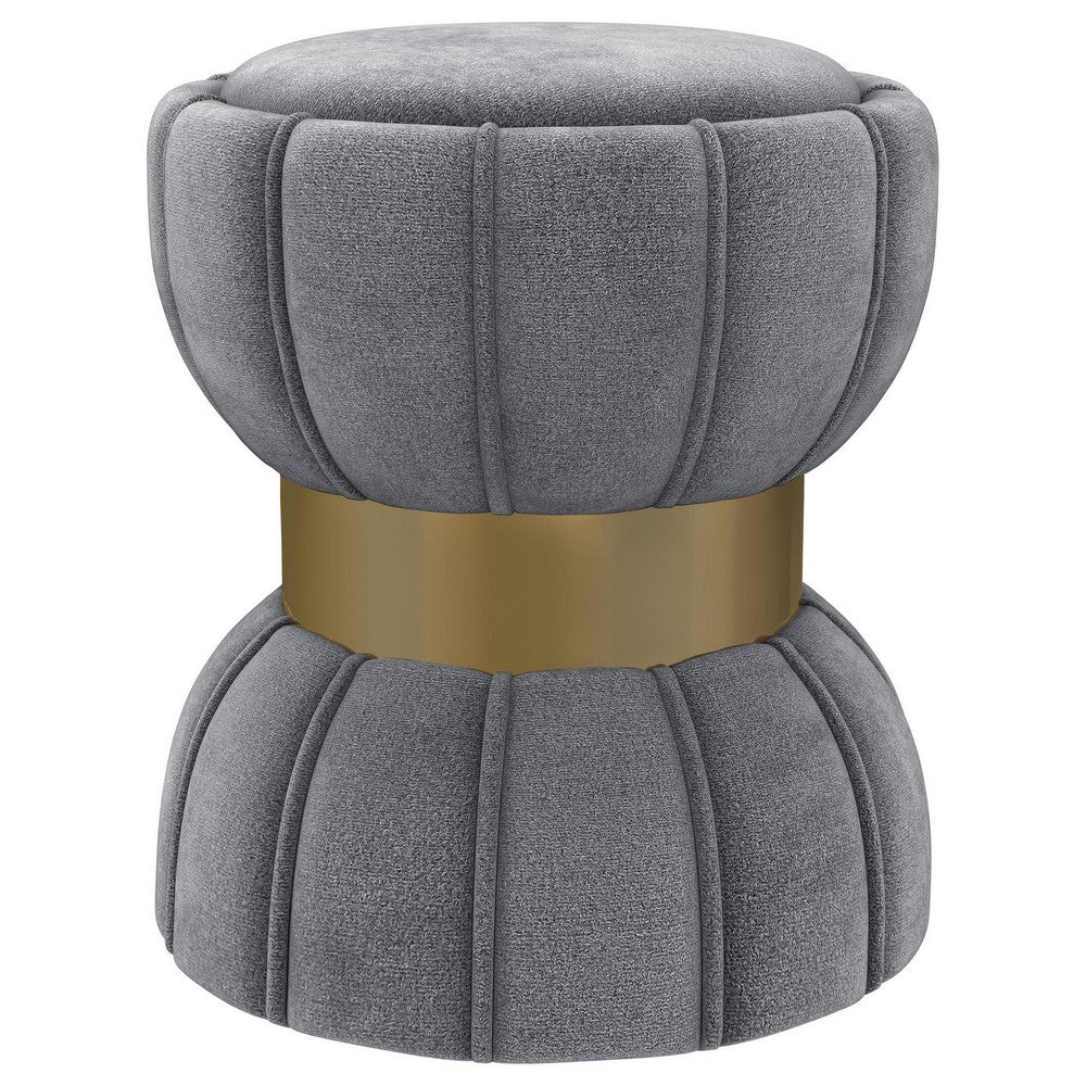 Soraya Ottoman, Tufted Gray Fabric, Round 17 Inch, Gold Metal Band -BM329662