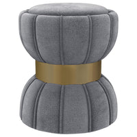 Soraya Ottoman, Tufted Gray Fabric, Round 17 Inch, Gold Metal Band -BM329662