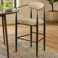 Tiara Bar Chair Set of 2, Beige Fabric, Gold Black Metal 30 Inch -BM329686