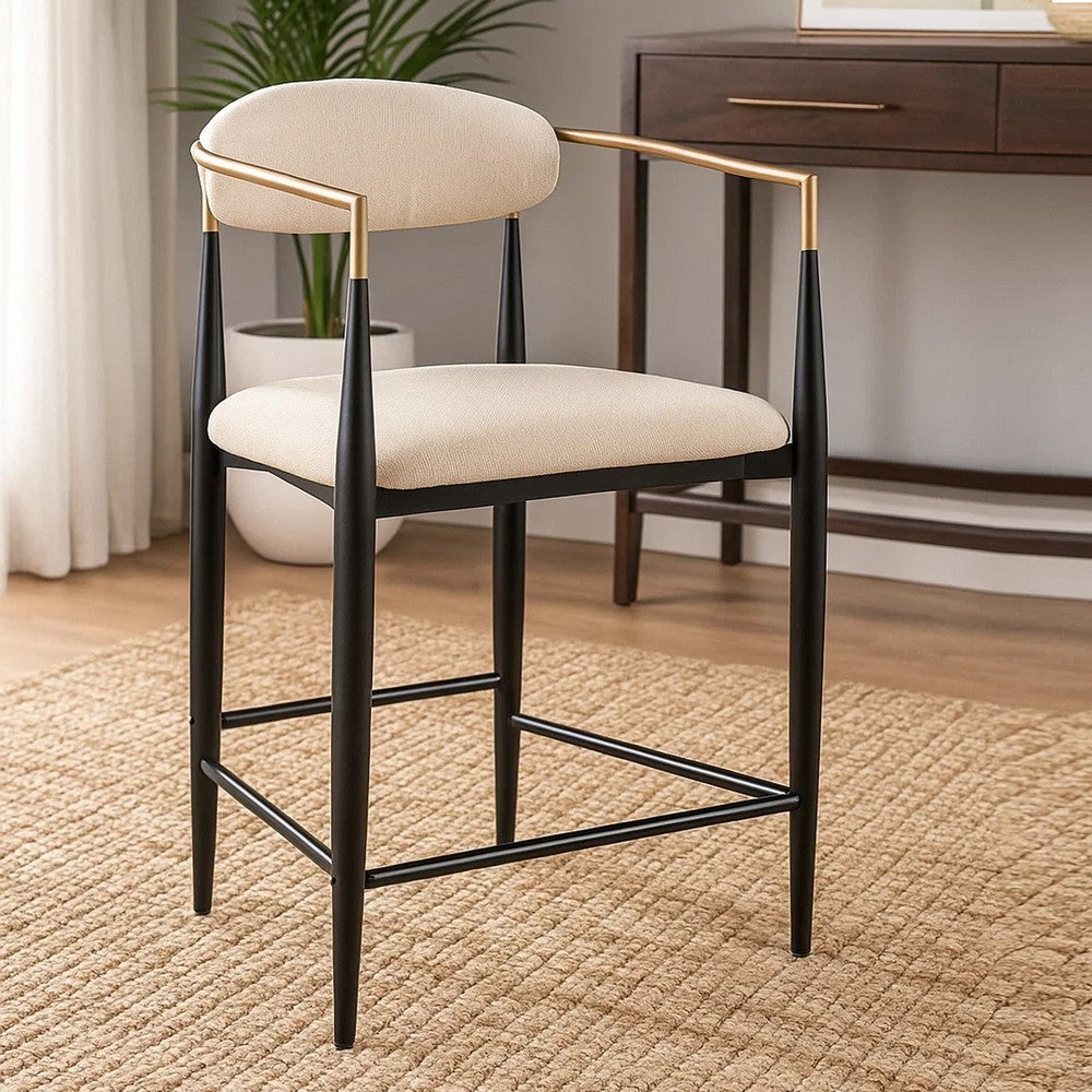 Tiara Counter Height Chair Set of 2, Beige Fabric, Black Metal 25 Inch -BM329687