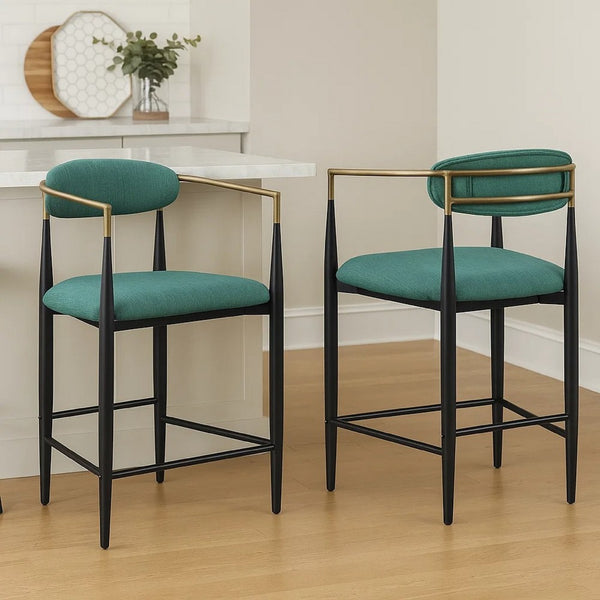 Tiara Counter Height Chair Set of 2, Teal Green, Black Metal 25 Inch -BM329689