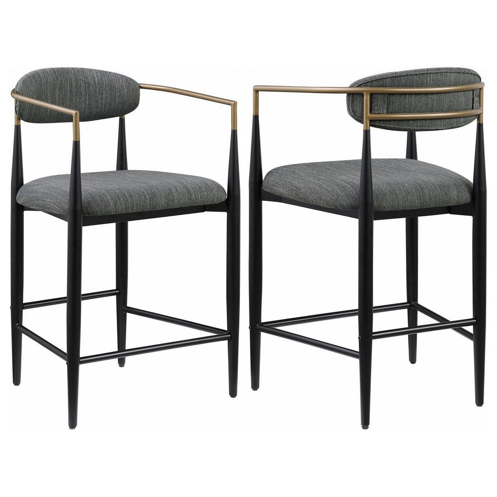 Tiara Counter Chair Set of 2, Gray Fabric, Gold, Black Metal 25 Inch -BM329691