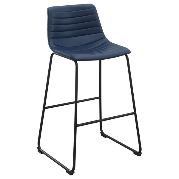 Zuno Bar Height Chair Set of 2, Blue Faux Leather, Black Metal 30 Inch -BM329698