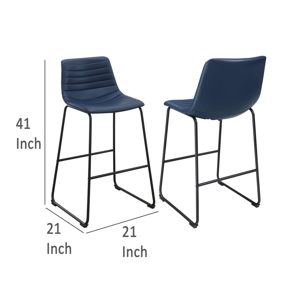 Zuno Bar Height Chair Set of 2, Blue Faux Leather, Black Metal 30 Inch -BM329698