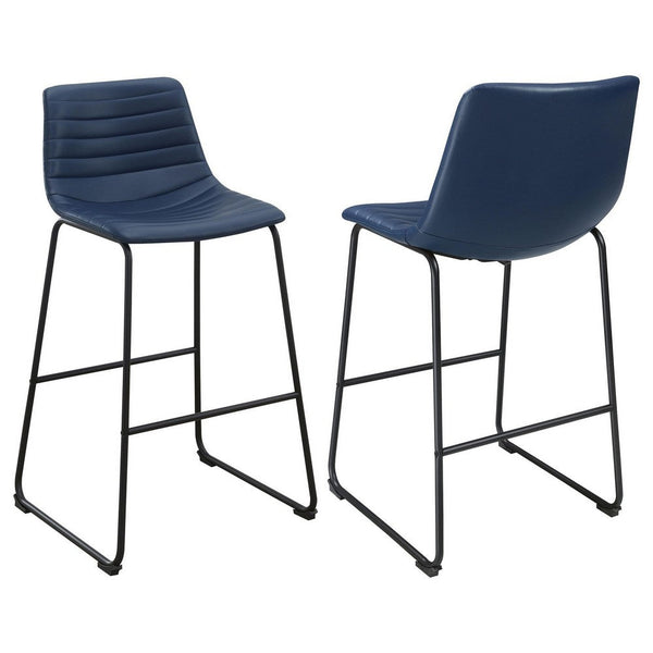 Zuno Bar Height Chair Set of 2, Blue Faux Leather, Black Metal 30 Inch -BM329698