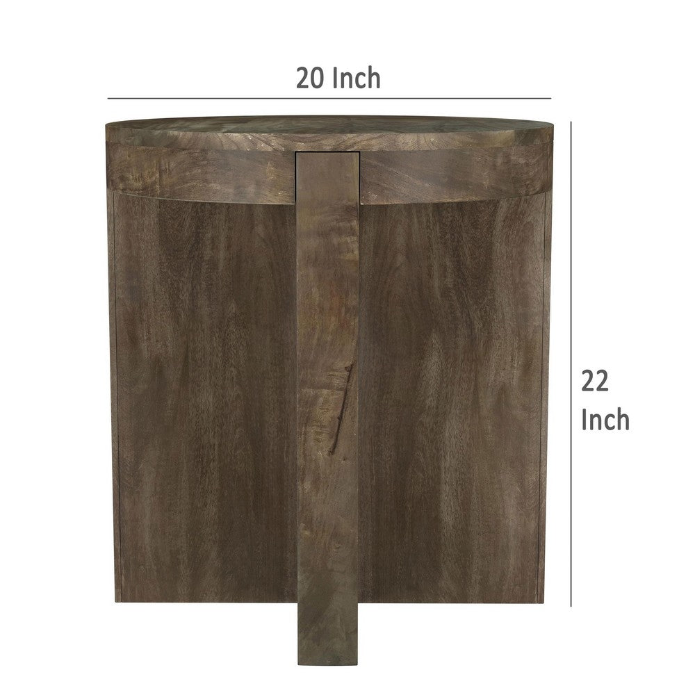 Kinaj Side End Table, Dark Brown Solid Mango Wood, Round 20 Inch -BM329708
