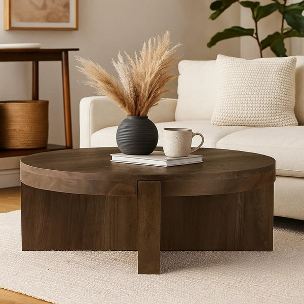 Kinaj Coffee Table, Dark Brown Solid Mango Wood, Round 38 Inch Top -BM329709