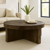 Kinaj Coffee Table, Dark Brown Solid Mango Wood, Round 38 Inch Top -BM329709