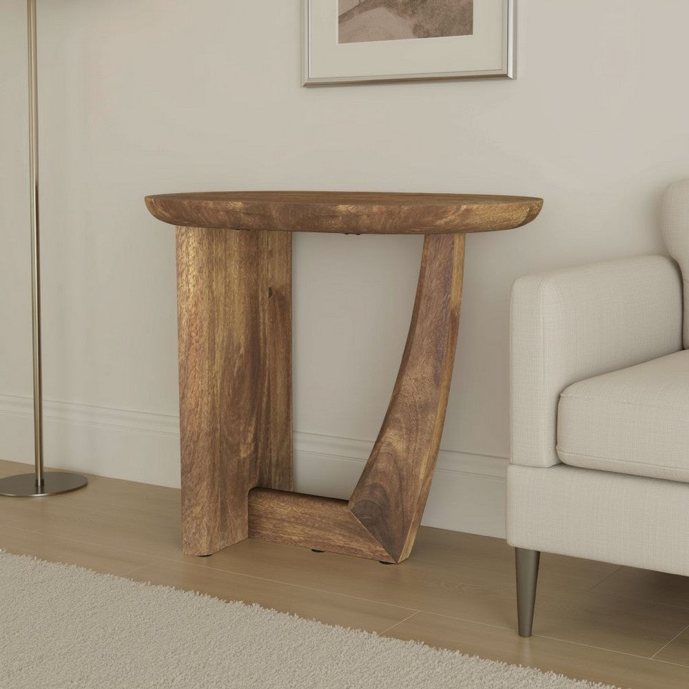 Leti Side End Table, 22 Inch Brown Mango Wood Top, L Shaped Base -BM329714