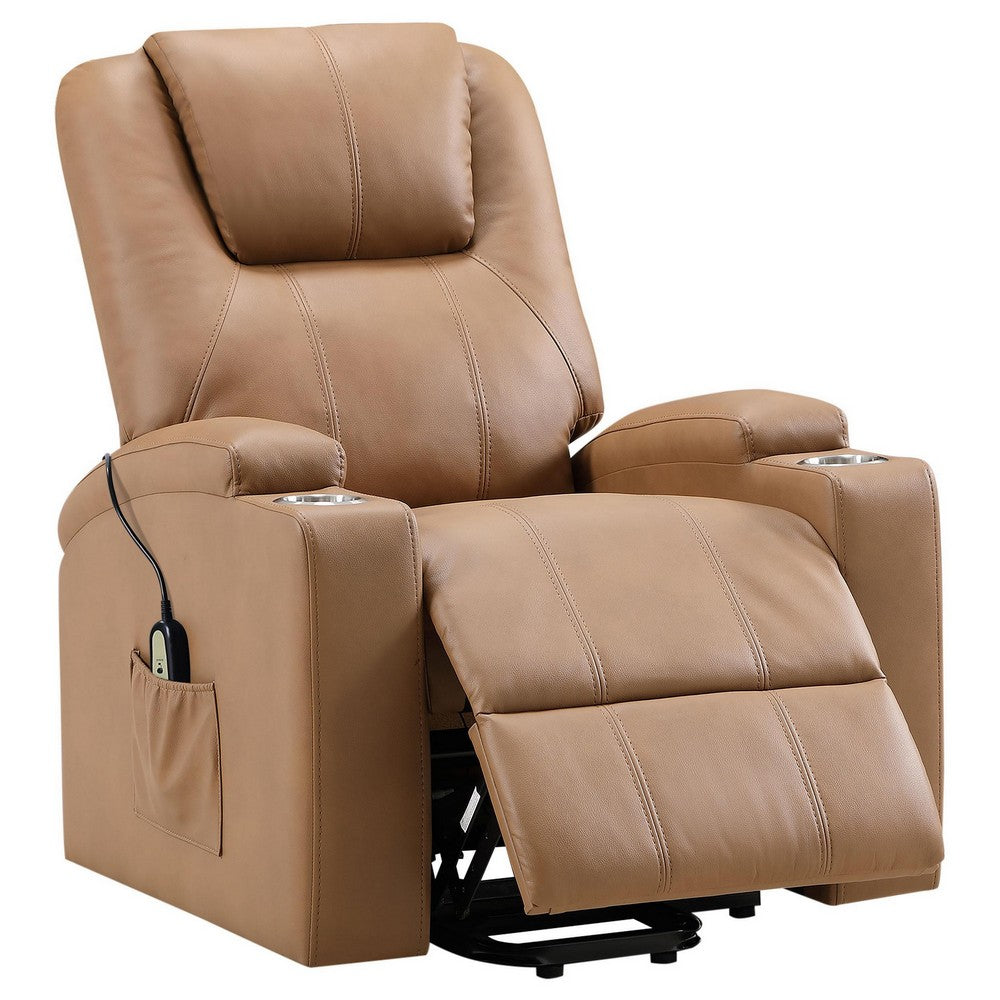 Stoy Power Lift Recliner Chair, Massage, 36 Inch Brown Faux Leather -BM329740