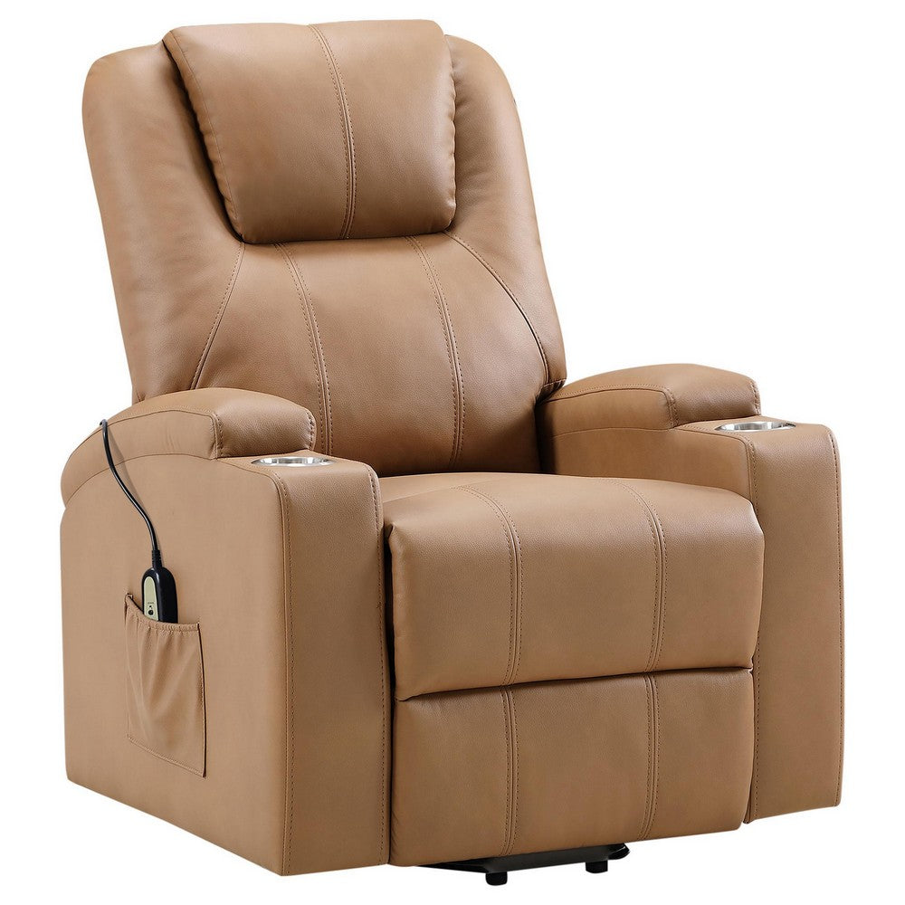 Stoy Power Lift Recliner Chair, Massage, 36 Inch Brown Faux Leather -BM329740
