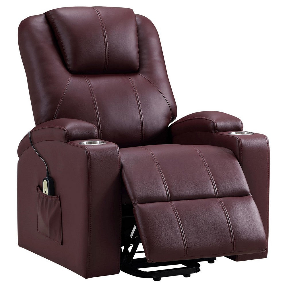 Stoy Power Lift Recliner Chair, Massage, 36 Inch Wine Red Faux Leather -BM329741