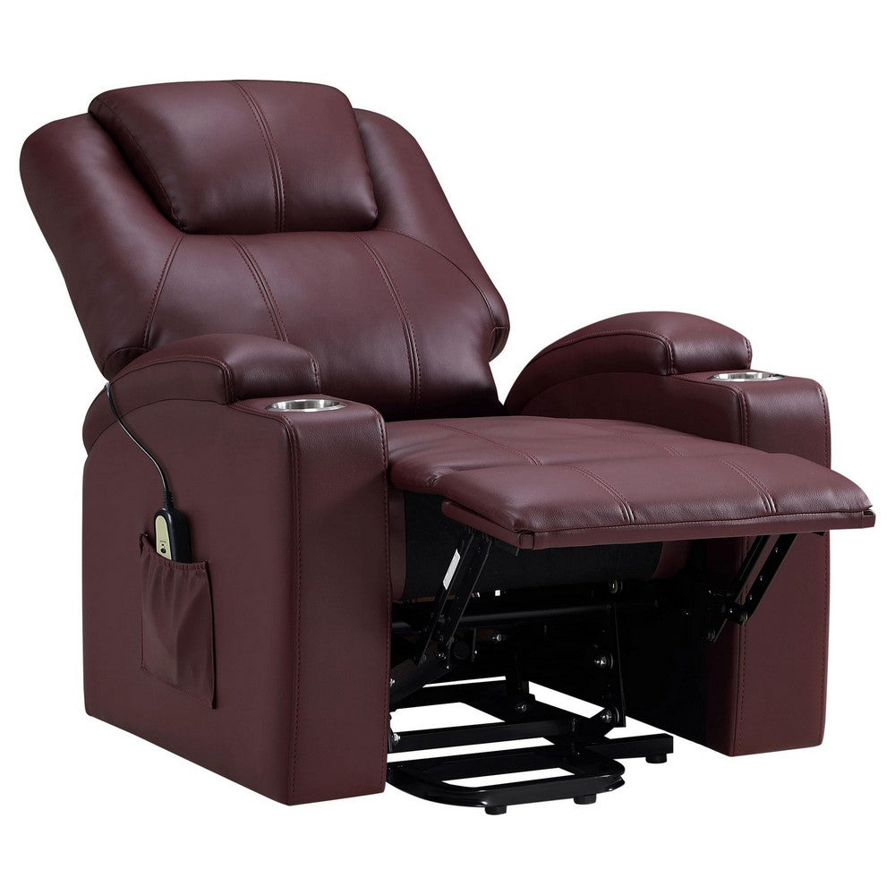 Stoy Power Lift Recliner Chair, Massage, 36 Inch Wine Red Faux Leather -BM329741