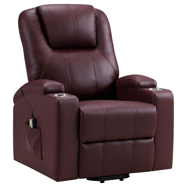 Stoy Power Lift Recliner Chair, Massage, 36 Inch Wine Red Faux Leather -BM329741