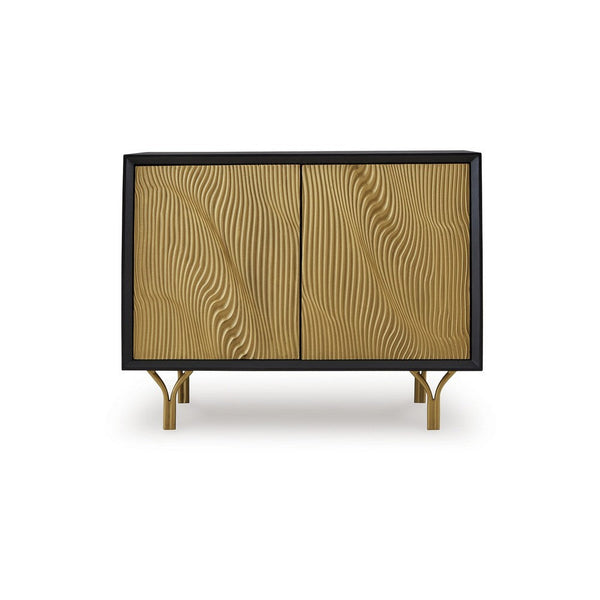 Yien Sideboard Console, 2 Carved Doors, Gold Legs, Black Wood 40 Inch -BM329745